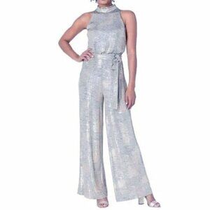 NWT Vince Camuto Metallic Silver Wide Leg Jumpsuit Women Mock Neck Sleeveless 16